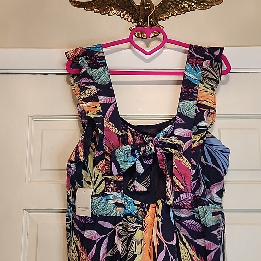 BEACHLUNCHLOUNGE NWT navy, gold, pink Tropical Floral Print Ruffled Elastic Back - Picture 7 of 9